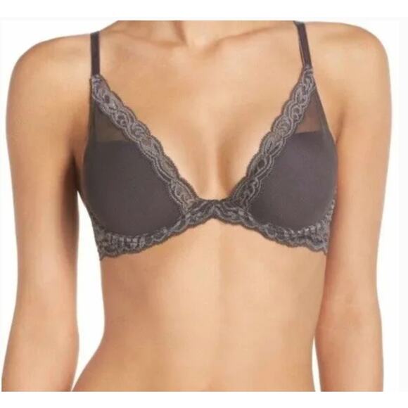 Natori Bra Womens Size 34G Feathers Lace Grey Plunge Molded Mesh T Shirt Comfort - Picture 1 of 10
